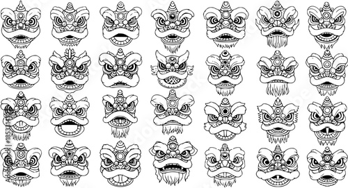 Chinese New Year Lion Dance Heads Collection in Black and White Line Art. Traditional Asian Celebration Masks, Cultural Festival Outlines, Lunar New Year Symbols and Ornaments Vector Set.
