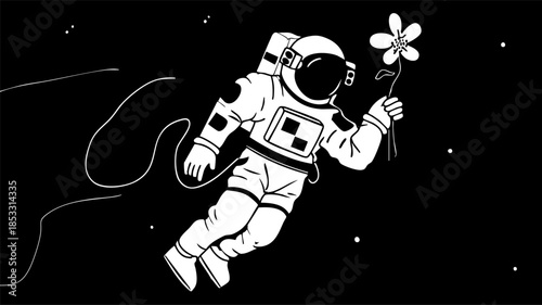 Astronaut Floating in Space Holding a Flower
