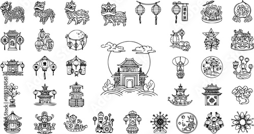 Traditional Asian Culture Line Art Icons. Set of Black and White Glyphs for Lunar New Year and Mid-Autumn Festival: Lion Dance, Lanterns, Temples, Pagodas, and Festive Symbols.