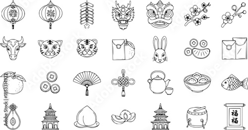 Chinese New Year Line Art Icon Set. Hand-drawn outline collection of traditional Lunar New Year symbols and festive celebration elements including zodiac animals, lanterns, and lucky charms.