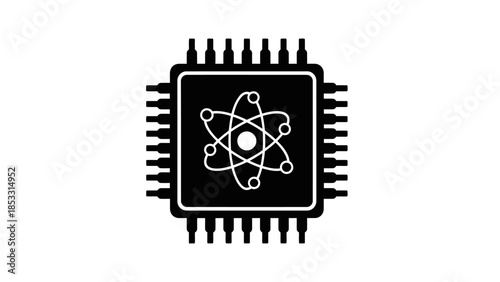 Quantum processor chip with atom symbol in black and white