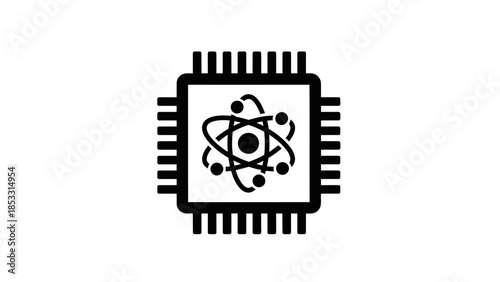 Quantum computing microchip schematic with atomic core on white background