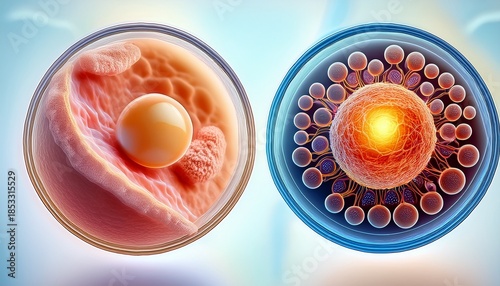 antiaging effect illustrate an aging skin cell alongside a rejuvenated skin cell highlighting the transformative effects that exosomes have on skin vitality and texture