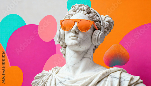 Marble statue wears modern headphones and orange sunglasses against a colorful abstract background with rounded shapes and negative space. There is an empty area suitable for text or graphic elements 