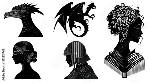 Vector Silhouettes Set: Mythical Dragon, Armored Warrior, and Elegant Women Profiles. Fantasy and Decorative Illustrations.