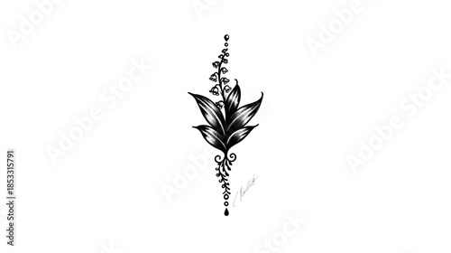 Intricate black and white hand-drawn botanical illustration with delicate flowers and leaves, a stylized vertical decorative floral design element.