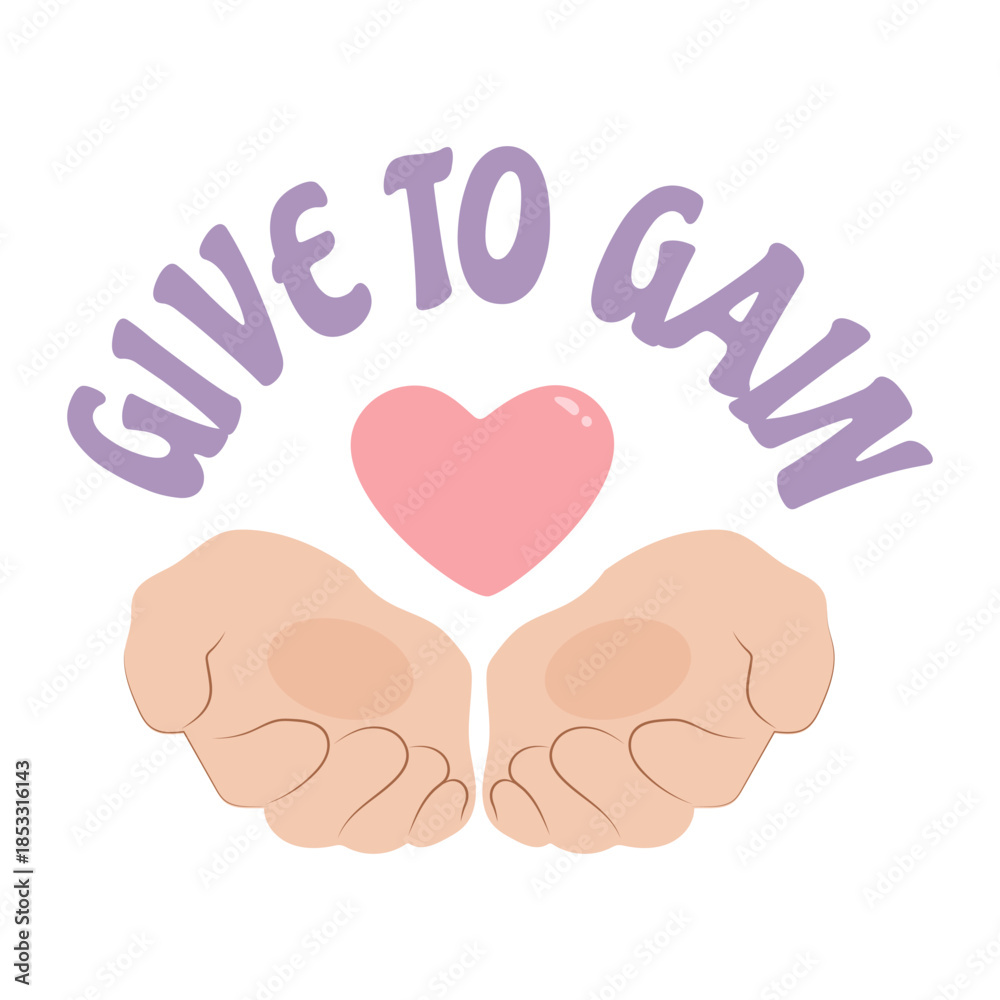 Obraz premium Minimal pastel sticker illustration with open hands holding a heart and Give to Gain text. Symbol of kindness, charity, care, and support. Ideal for social campaigns, apps, and prints.