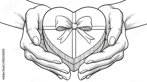 Monochrome Line Art: Hands Gently Offering a Heart-Shaped Gift Box Adorned with a Decorative Bow