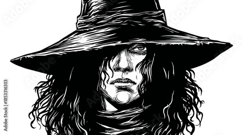 Mysterious figure with long dark hair under a wide-brimmed hat, intricate black and white illustration, fantasy art style