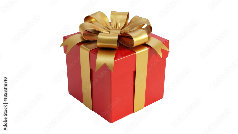 Obraz premium Red gift box with golden ribbon isolated PNG, present for Christmas or birthday celebration on transparent background