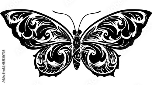 Intricate black butterfly illustration with decorative swirl patterns, elegant ornate wings, vintage style design element.