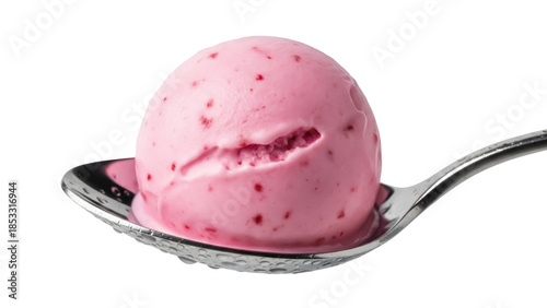 Photos Strawberry ice cream scoop on a spoon isolated PNG, refreshing summer dessert on