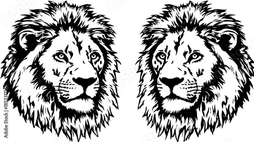 Detailed pair of majestic lion head illustrations in bold black and white graphic style, representing power, courage, and wildlife.
