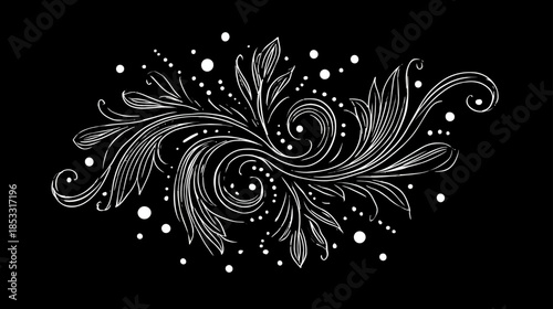 Elegant white floral scrollwork design with intricate leaves, swirls, and decorative dots on a stark black background. Ornate botanical flourish.
