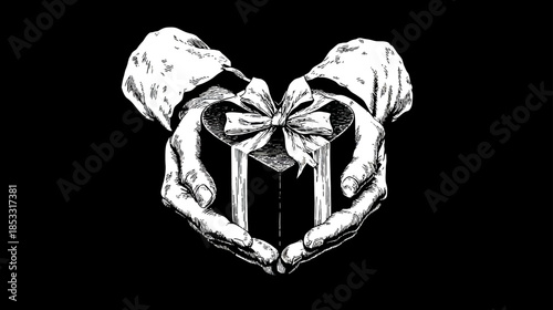 Vintage hand-drawn illustration of human hands holding a wrapped gift box with a bow. Black and white artwork representing giving a present.