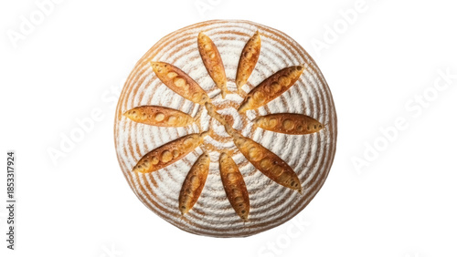 Foto Artisan sourdough bread loaf isolated PNG, beautifully scored with wheat pattern