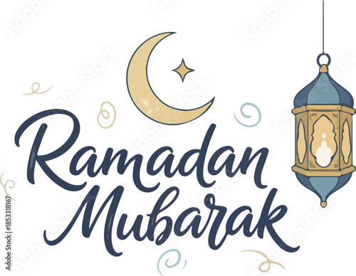 Ramadan Mubarak Calligraphy with Golden Crescent Moon and Islamic Lantern