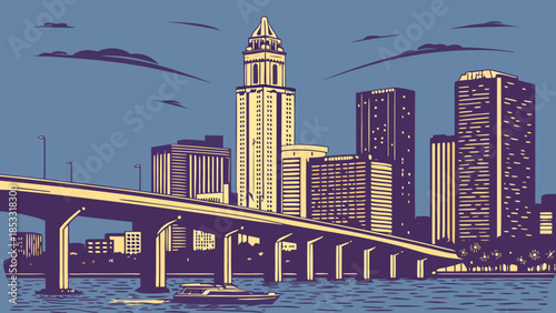 Miami skyline with a bridge over water captures vibrant city profile. Suitable for travel blogs, city guides, and floridarelated content.