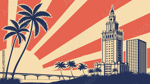 Miami skyline with the freedom tower, palm trees in the sunny florida background. Perfect for travel guides, postcards, and miamithemed websites.