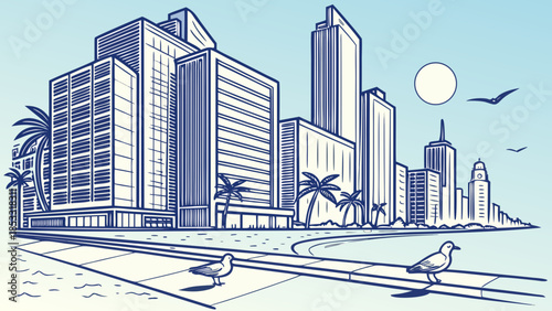 Miami skyline with tall buildings, palm trees, seagulls by vibrant coast. Perfect for travel brochures, city guides, and real estate promotions.