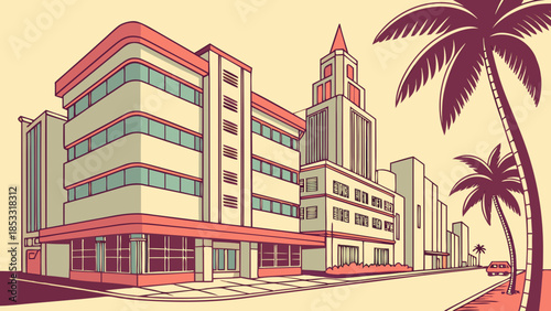 Miami skyline with south beachs art deco architecture, palm trees, and vibrant street scene ideal for travel guides and city promotions.