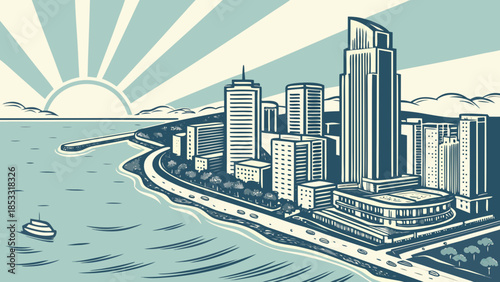 Miami skyline captures vibrant city architecture along shimmering waters, ideal for travel brochures, real estate advertisements, and editorial publications.