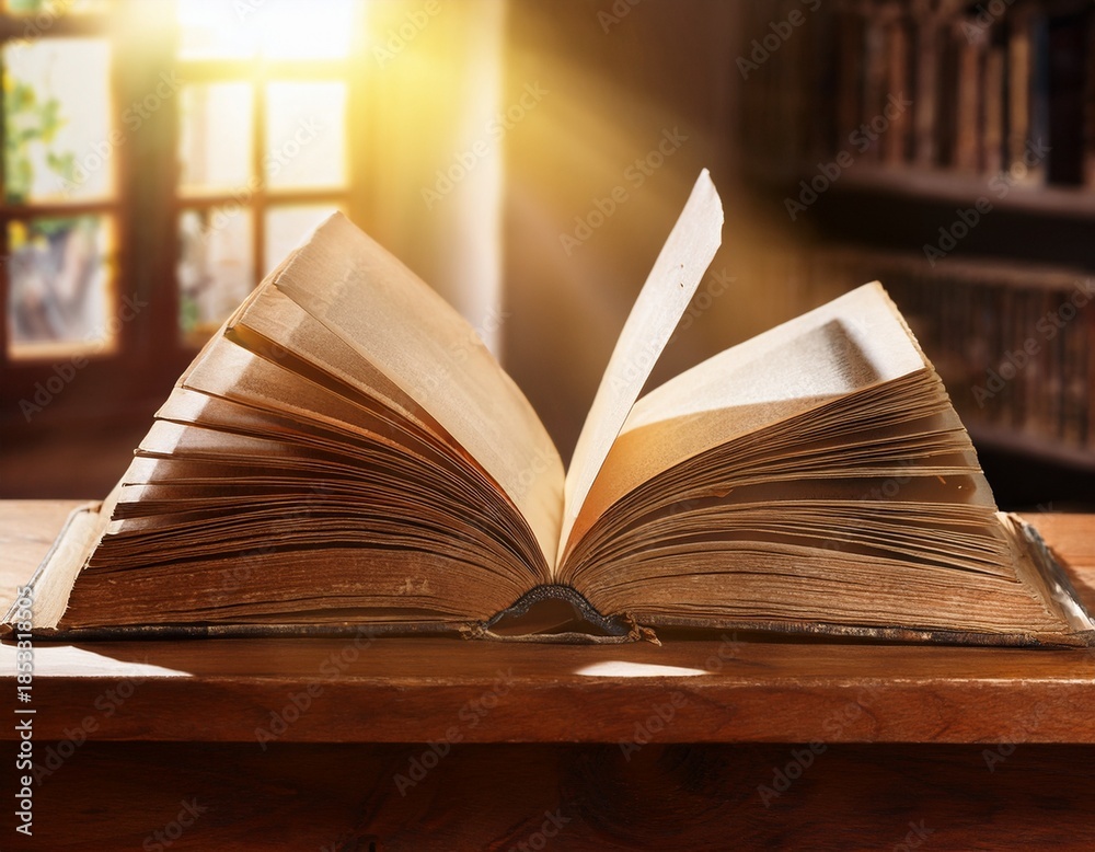 Fototapeta premium open old book on wooden table with sunlight coming through window