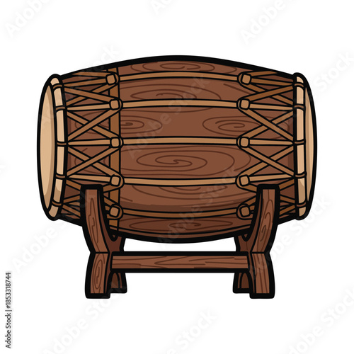 Traditional wooden percussion drum illustration mounted on a simple stand isolated on white background