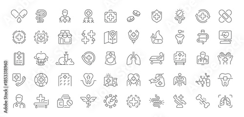 Medical and healthcare editable line icons set. linear style medical symbols