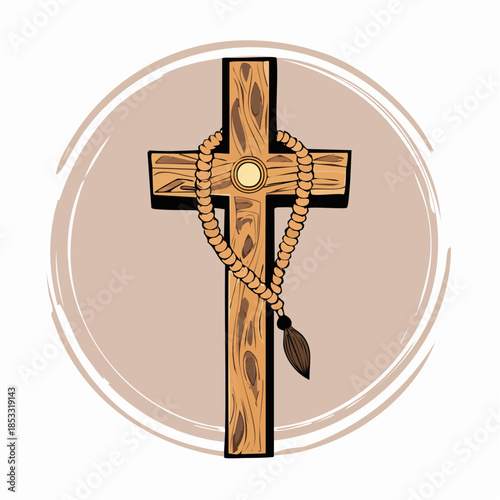 Detailed Illustration of a Rustic Wooden Christian Cross Adorned with a Traditional Rosary, Encapsulated in a Soft-Toned Circular Frame Representing Faith and Devotion