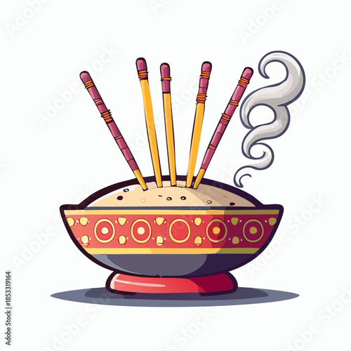 Vector incense sticks burning in a small bowl with rising smoke and bold black outlines