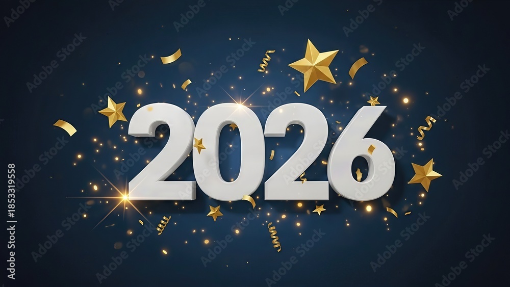 Fototapeta premium New year 2026 celebration with gold stars and confetti on dark blue background