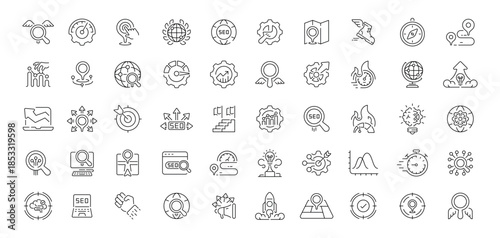 Seo and marketing icons set. editable line icons, analytics and strategy symbols