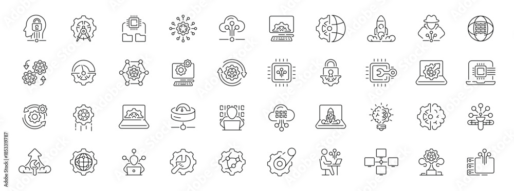 Fototapeta premium Technology editable line icons set: linear style for innovation and tech projects