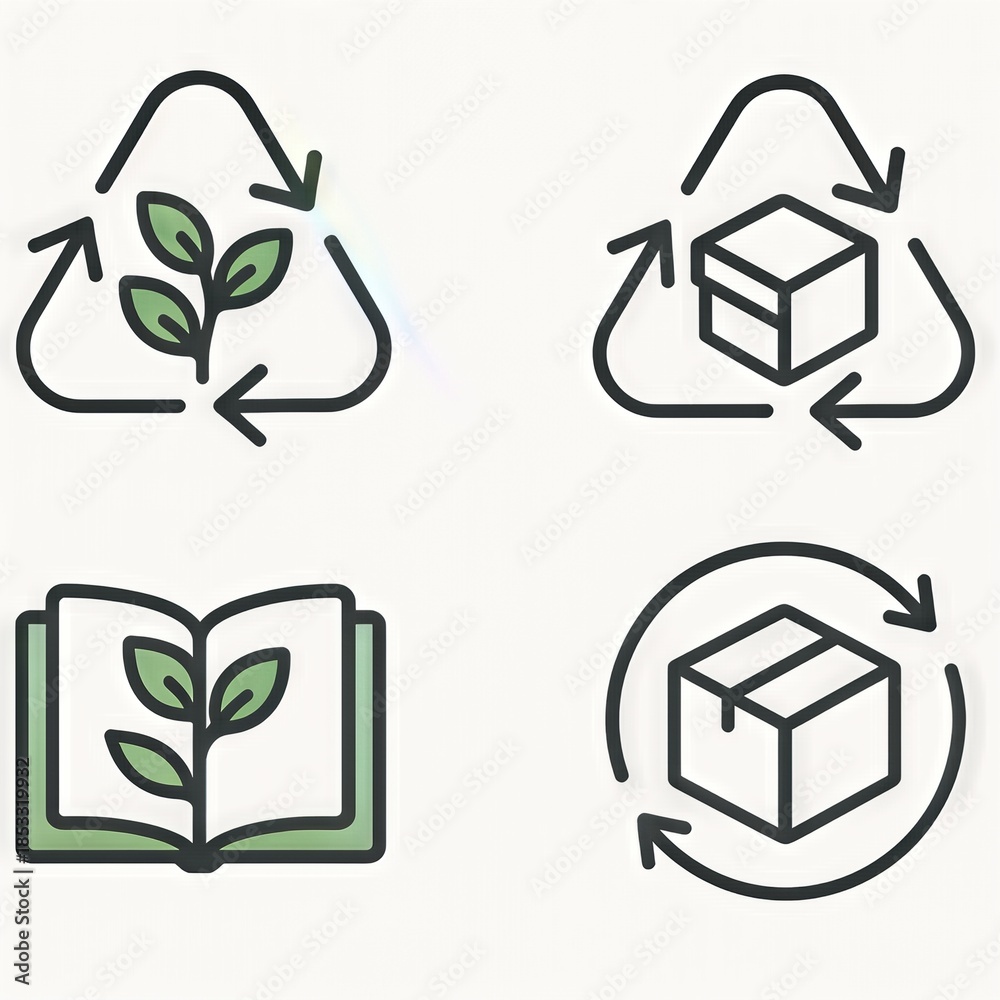 Obraz premium Ecological sustainability icons showcasing recycling symbols, nature motifs, and education elements representing environmental stewardship and awareness in a minimalist, modern design