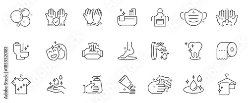 Hygiene and cleanliness editable line icons set. sanitation and health symbols