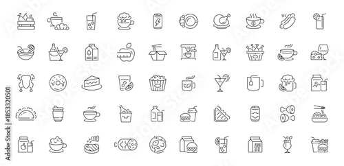 Food and drink editable line icons set. culinary and beverage symbols