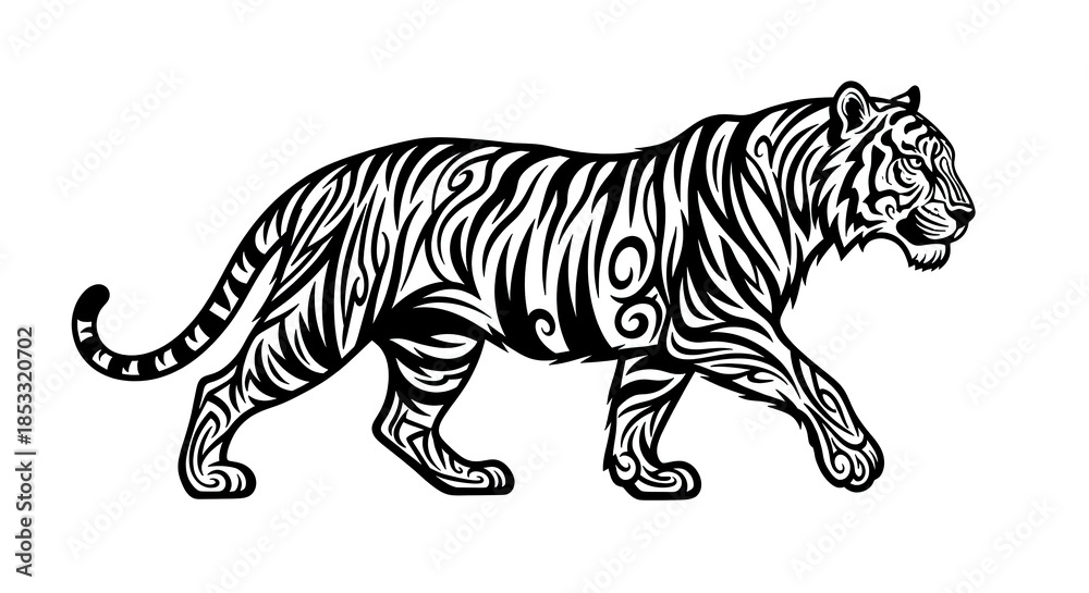 Obraz premium Majestic Tiger Walking in Detailed Tribal Art Style.