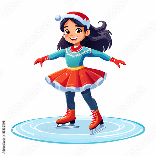 Happy young girl ice skating in a festive Santa hat during winter season, enjoying winter sports