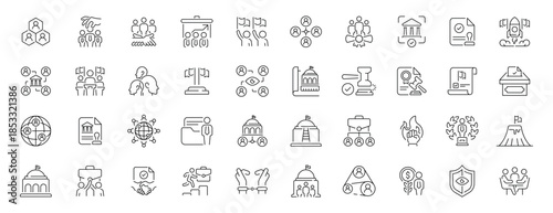 Government and politics editable line icons set. civic symbols and public affairs graphics