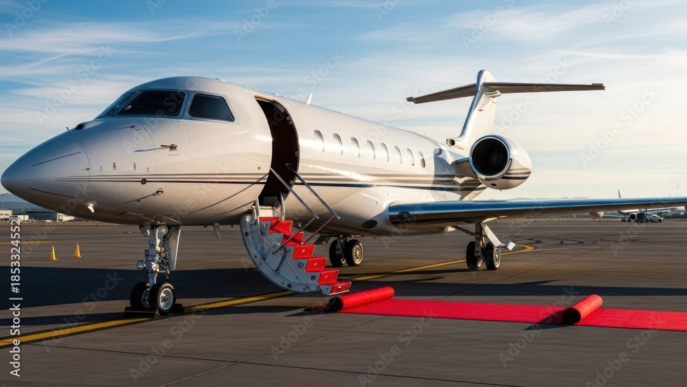 Obraz premium A luxurious white jet with open door, red carpet, on tarmac under blue sky