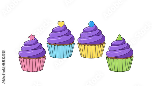 Colorful cupcakes with purple icing and decorative toppings for Mardi Gras  