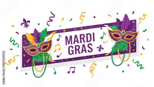 Mardi Gras festive banner with masks and colorful decorations  