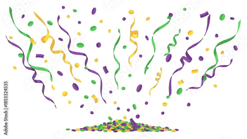 Colorful confetti and streamers exploding for Mardi Gras celebration  