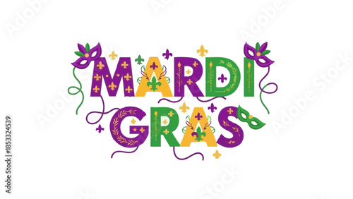 Colorful Mardi Gras text with festive decorations in purple and green  