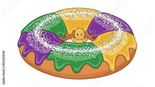 King cake with colorful icing and a baby figurine for Mardi Gras  