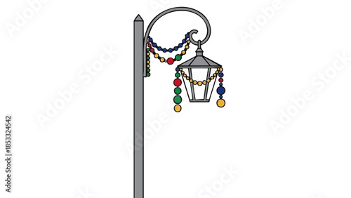 Street lamp decorated with colorful beads for Mardi Gras celebration  