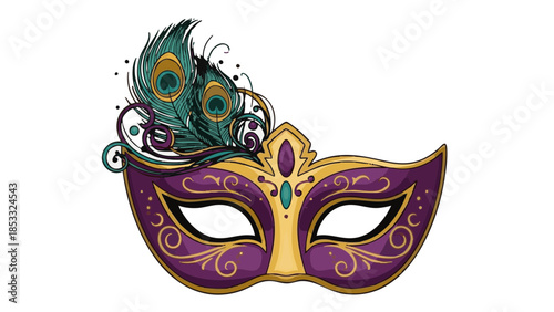 Colorful masquerade mask with feathers and intricate design for Mardi Gras  
