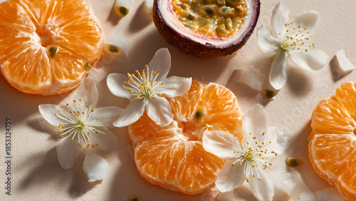 flat lay composition, wet tangerine segments with juicy glowing pulp, delicate white blossom flowers, passionfruit half with glossy seeds, a small open chunk of coconut, artistic arrangement on a sof