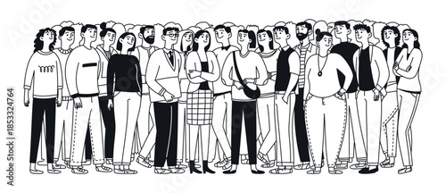 A group of diverse happy people. A crowd. Many men and women. Vector doodle illustration.